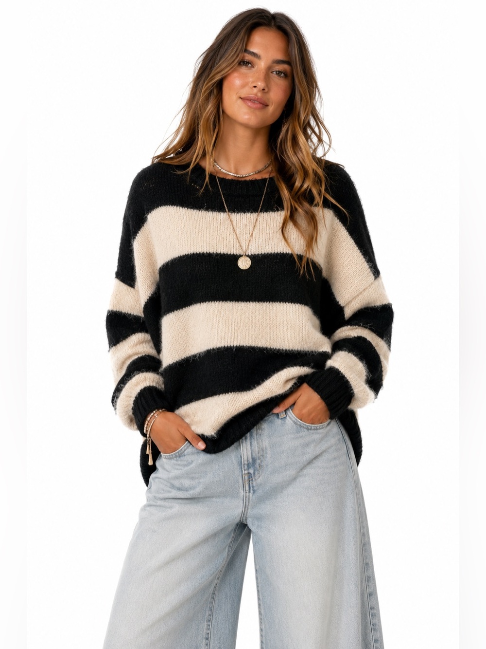 Express XL Black Cream Striped Fuzzy Wool Blend Sweater Oversized Cozy Knit